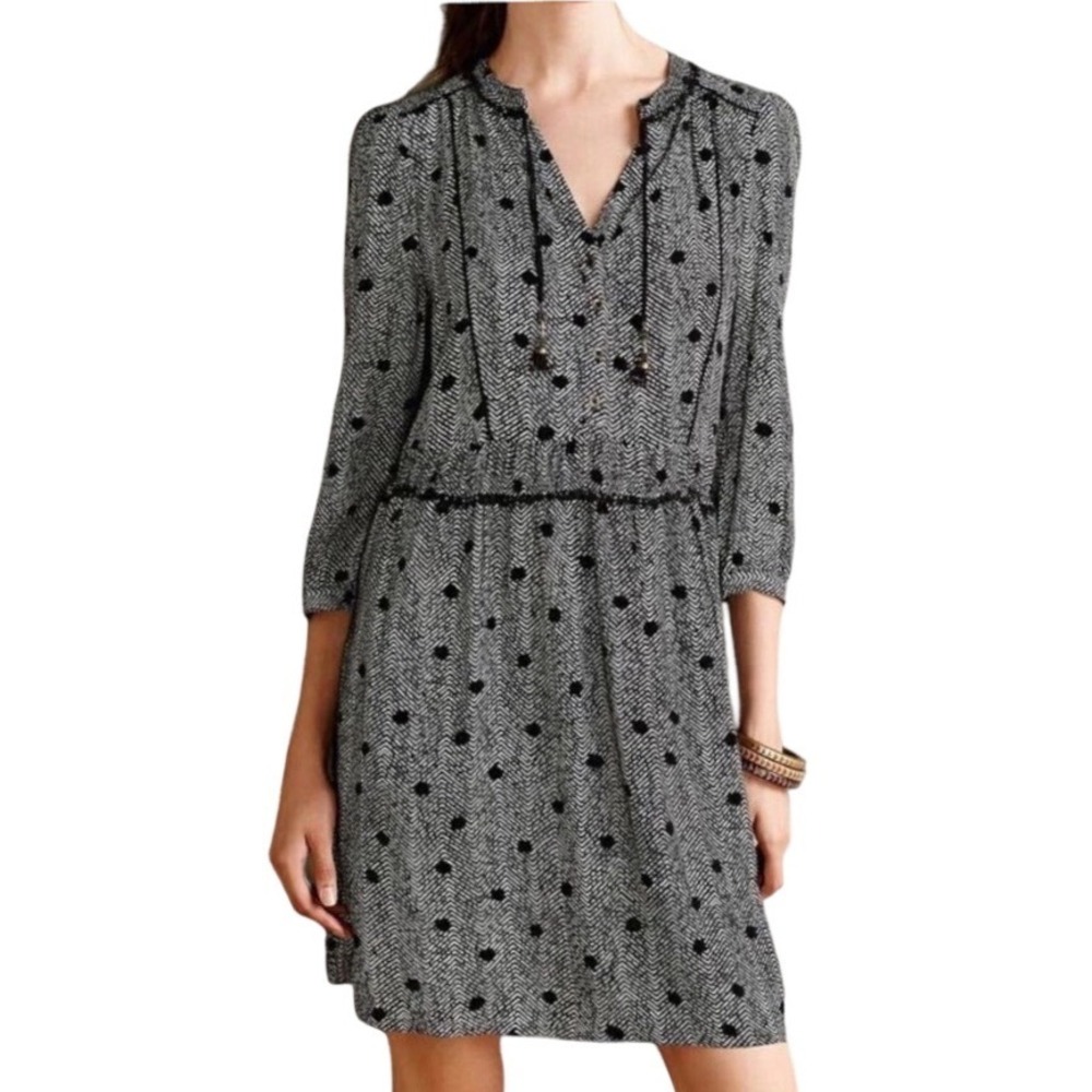 Maeve Anthropologie Galen Herringbone Polka Dot Tassel Tunic Tie Dress M NWOT